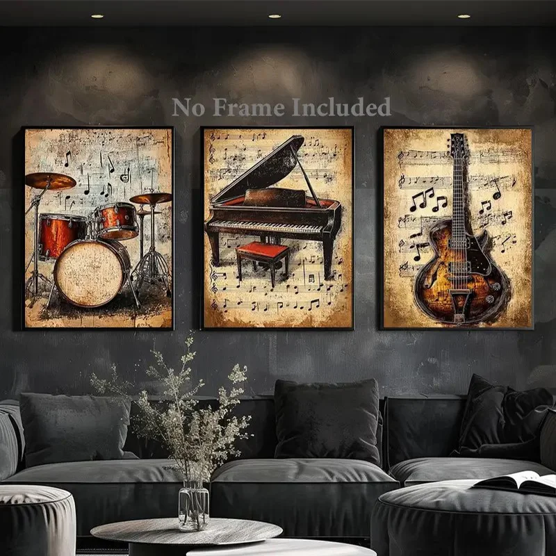 3 Retro Music Inspired Drum, Piano, Guitar Art Canvas Posters, Perfect for Living Room Bedrooms, Studios, Corridors, Living Room