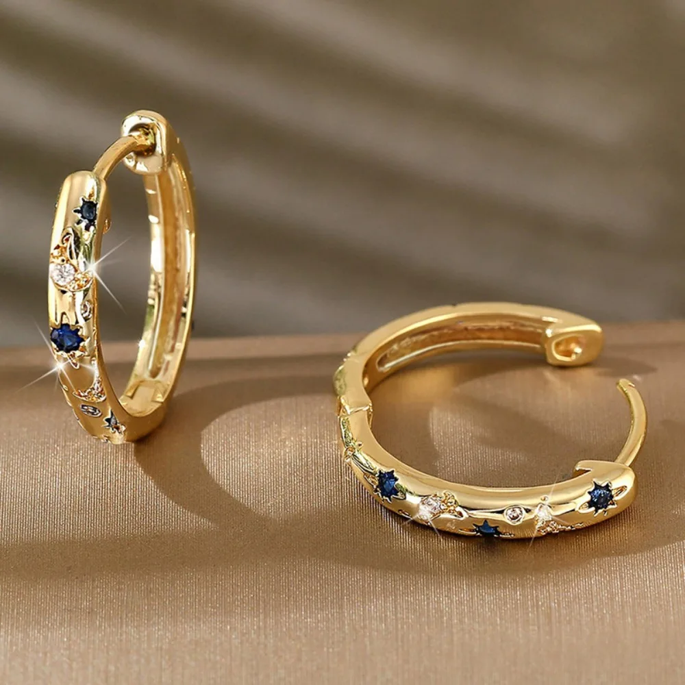 Korea Temperament Micro-inlay 5A Zircon Star Moon Gold Color Stainless Steel Hoop Earrings for Women Hip-hop Party Daily Jewelry