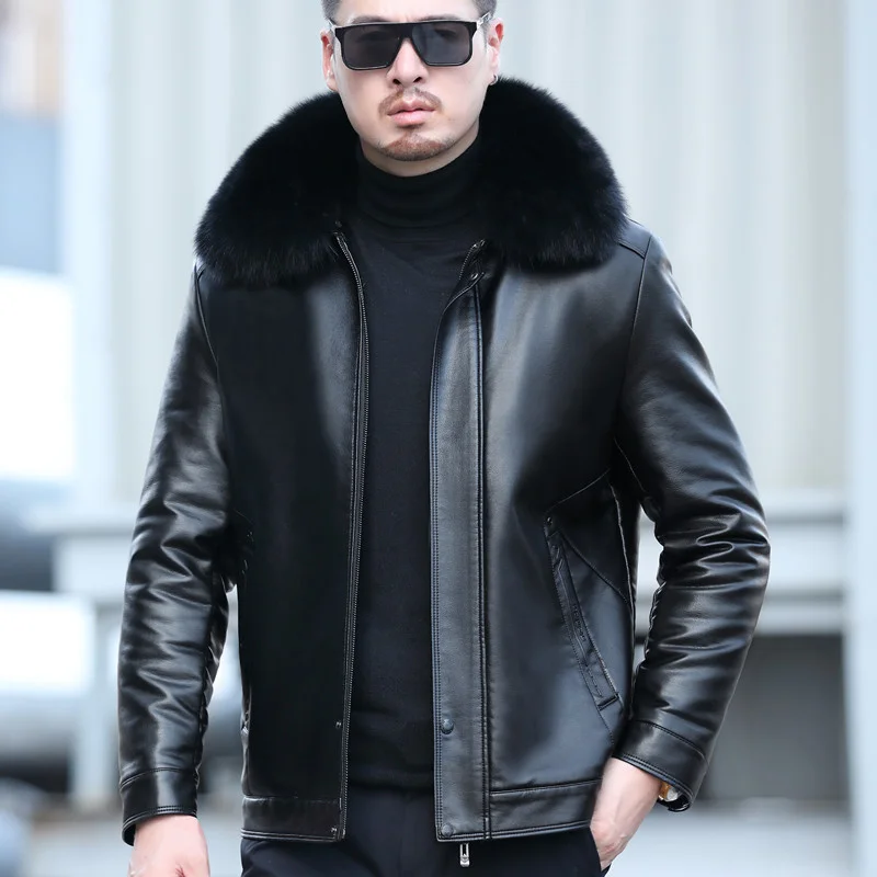 Men's YXL-833 Winter Winter Clothing Natural Leather Coat Fox Fur Collar Coat Thickened Fur One-piece Fashion