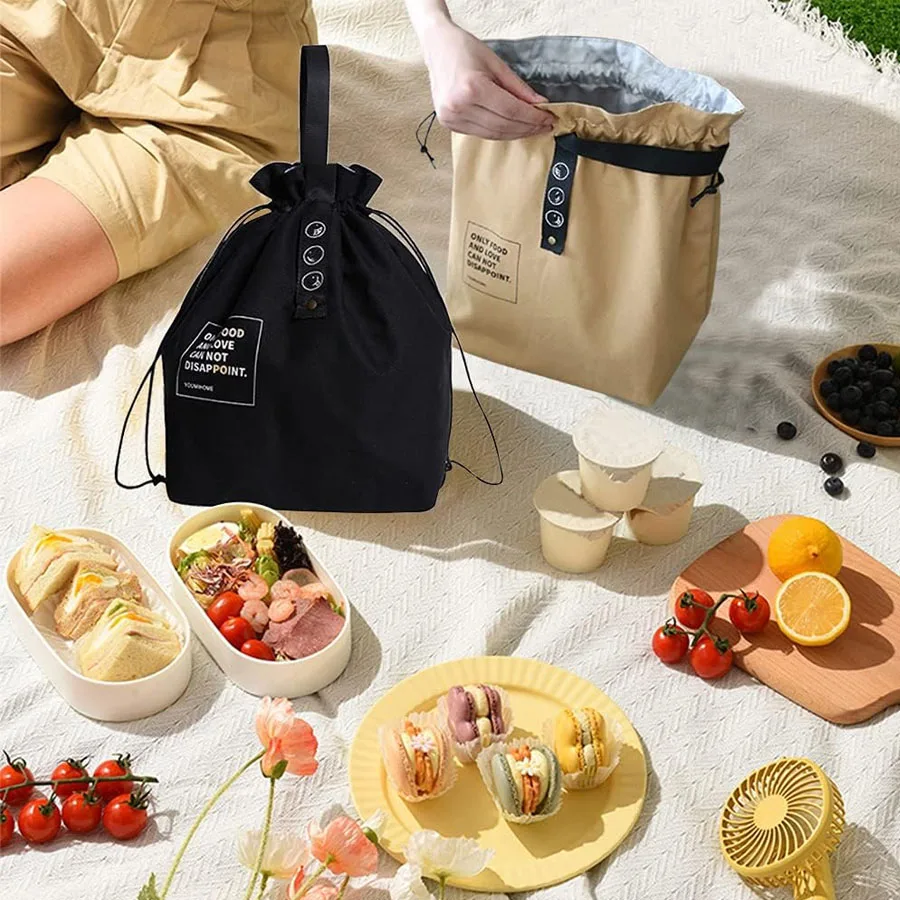 Torba na lunch z płótna o dużej pojemności z folią aluminiową termiczną i sznurkiem do zamknięcia, torba na jedzenie, owoce, bento na piknik, do pracy.