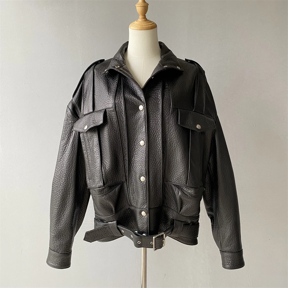 ลักซิโอนูโอแจ็คเก็ตหนังแกะสำหรับผู้หญิงหรูหราหนังแท้เสื้อคลุมหลวมๆสุภาพสตรีฤดูใบไม้ผลิฤดูใบไม้ร่วงใหม่ในแจ๊กเก็ตบับเบิ้ลหนังเสื้อโค้ท