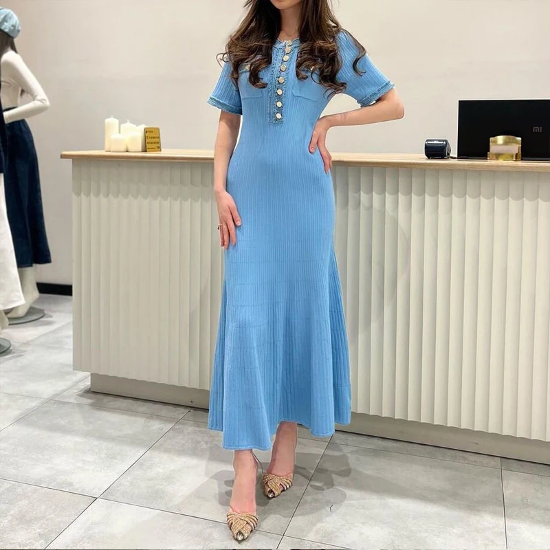 YuooMuoo Brand Fashion Denim Patchwork O-neck  Single Breasted Knit Maxi Dress Elegant Pockets Long Shirt Dress Vacation Robes