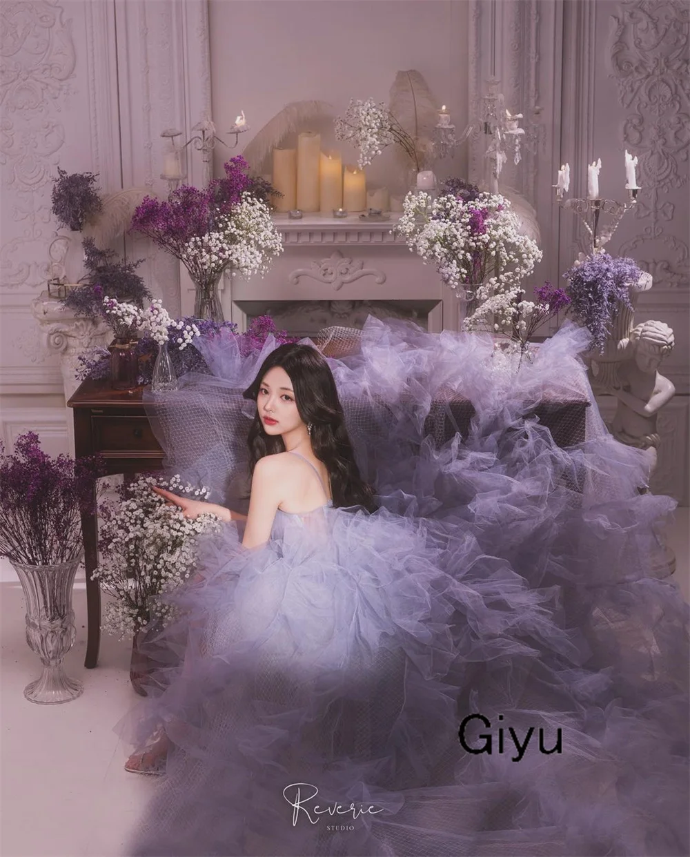 Giyu Fairy Purple Korea abito da sposa servizio fotografico Spaghetti Strap abito da sera multistrato lungo fino al pavimento