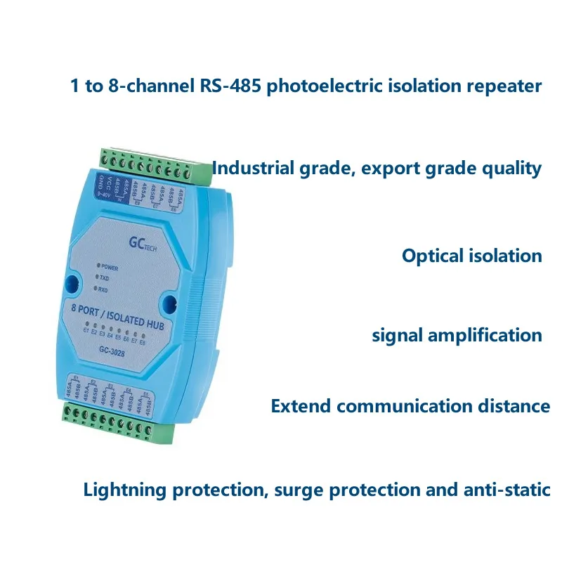 8-Port 485 Hub 8-Way Repeater Distributor Photoelectric Isolation Lightning Protection Anti-Interference