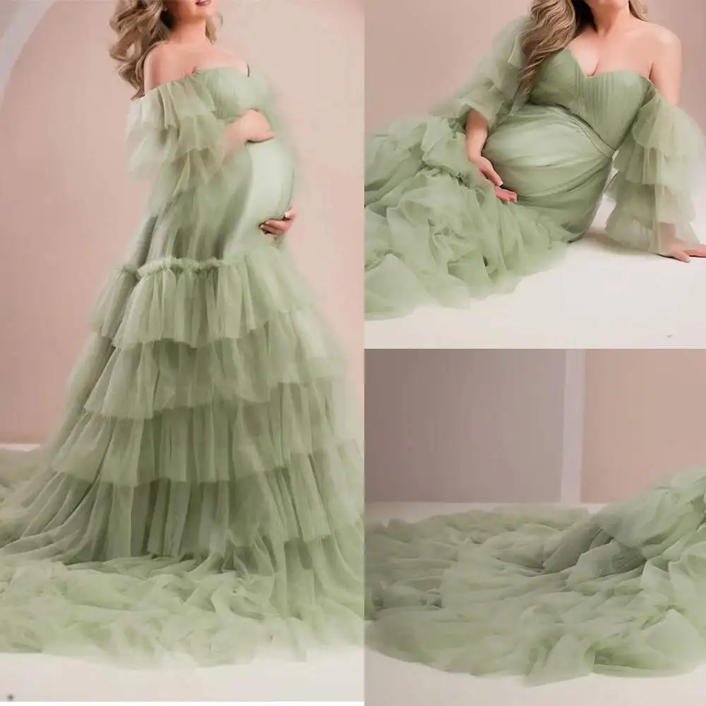 Modern Ruffle Evening Dresses For Women Off Shoulder Pregnancy Bathgown Maternity Tulle Sleeveless Robe for Photo Shoot