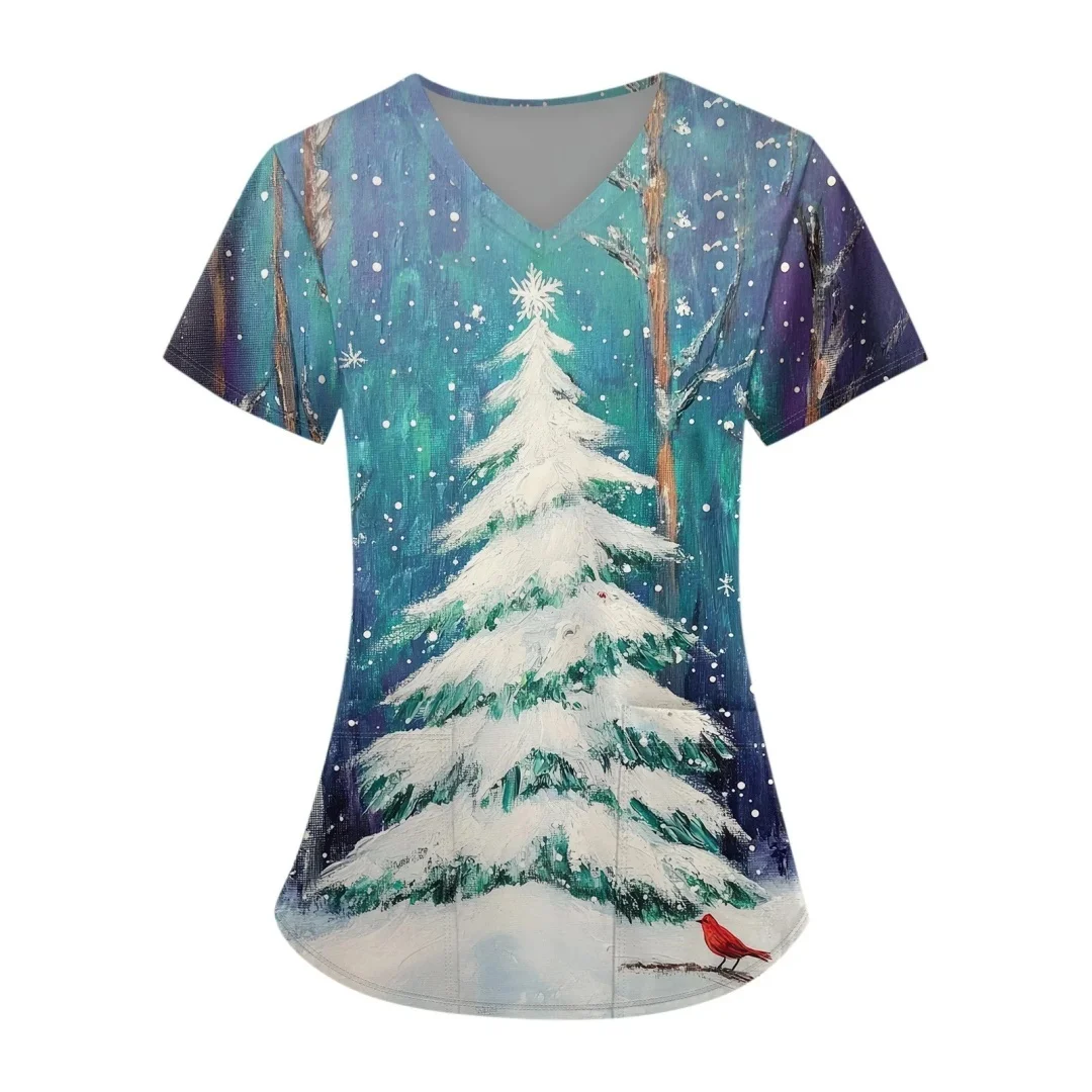 여성용 슬림 플로럴 프린트 탑스 브이넥 여성 수의사 유니폼 반팔 더블 포켓 스트레치 브이넥 스크럽 유니폼