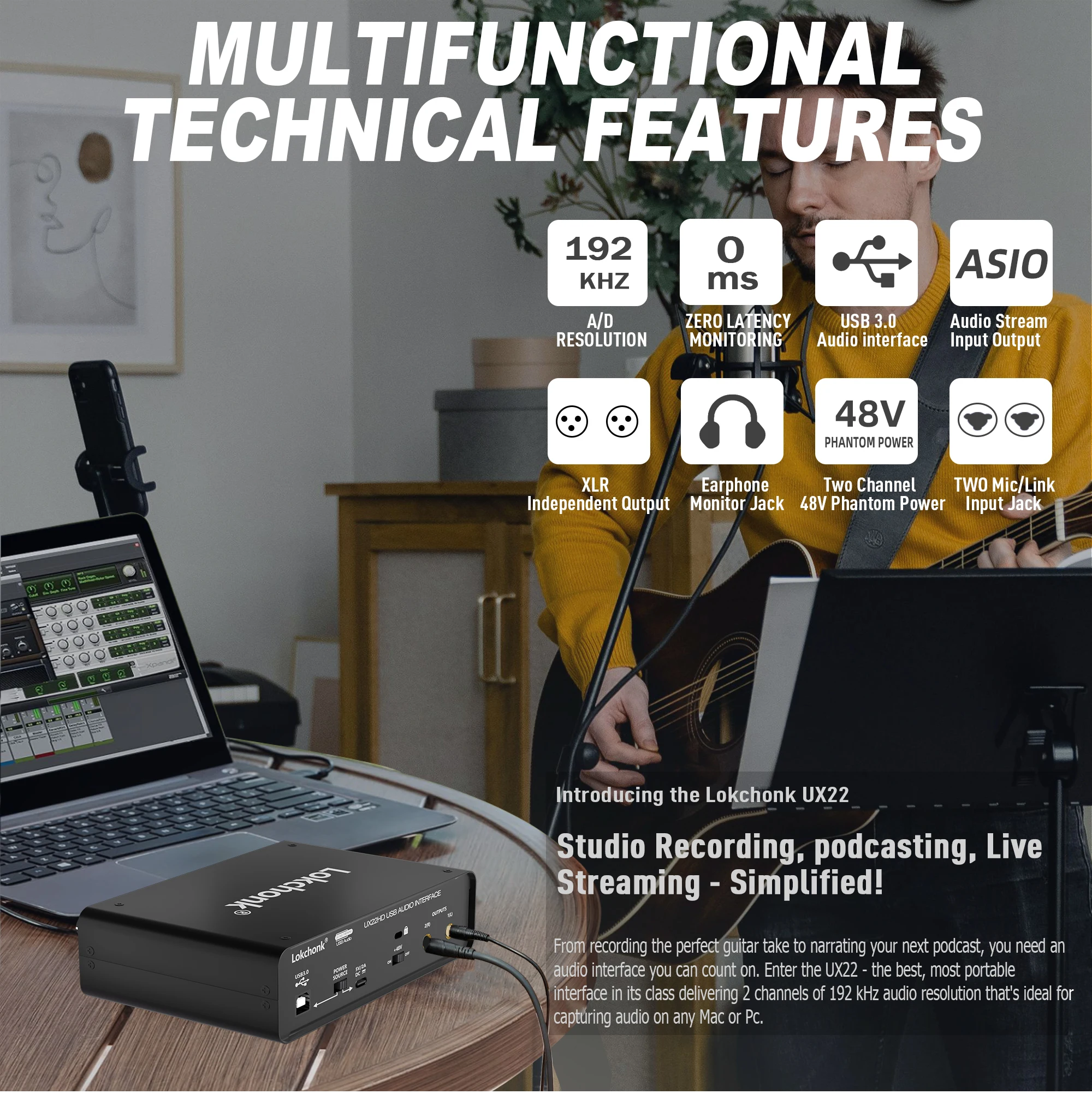 Interfaz de Audio UX22 Soundkarte, convertidor Ad de 32 bits/192kHz, e-gitarre Live-augnahme Professional, vendedor Studio-Gesang, Podcast