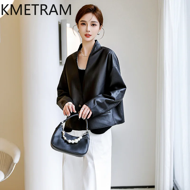 KMETRAM Genuine Top-Layer Sheepskin Leather Jacket Woman V-Neck Short Coat Fashion Loose Jackets 2026 Fall Women Clothing casaco