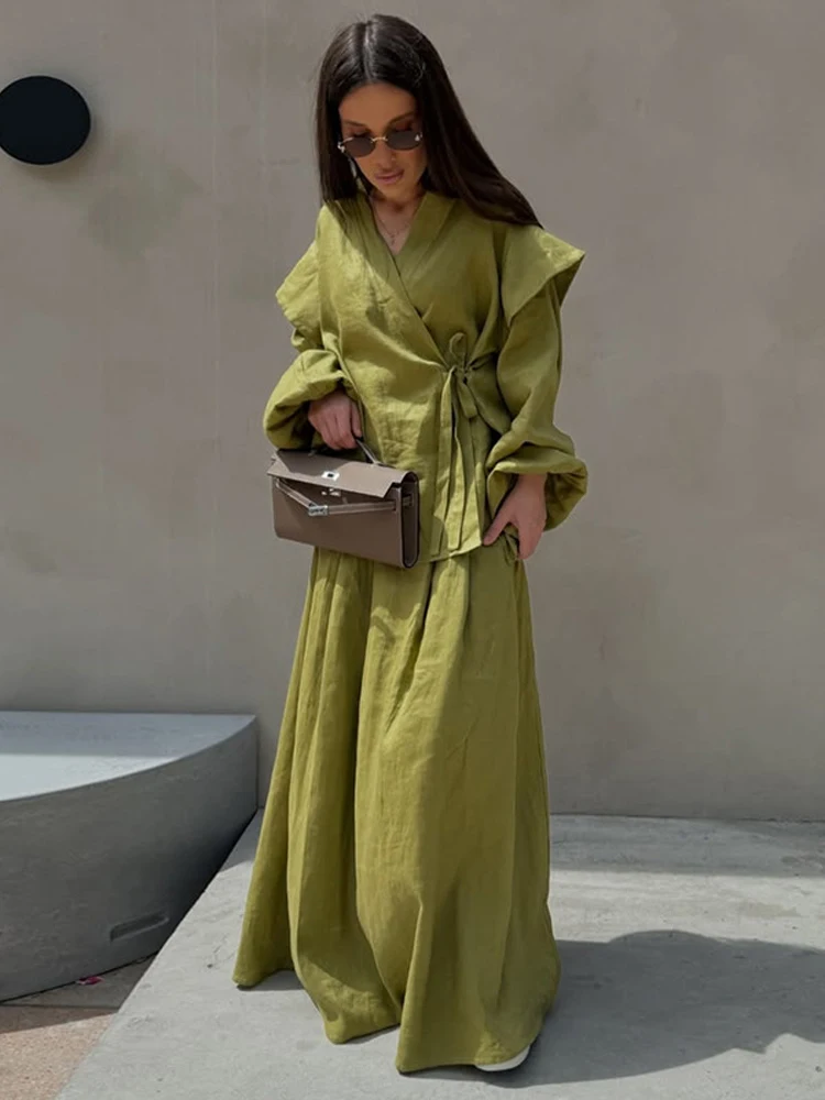 

Европейский и американский дизайн 2026 года, модная рубашка на шнуровке, юбка с высокой талией, повседневный комплект