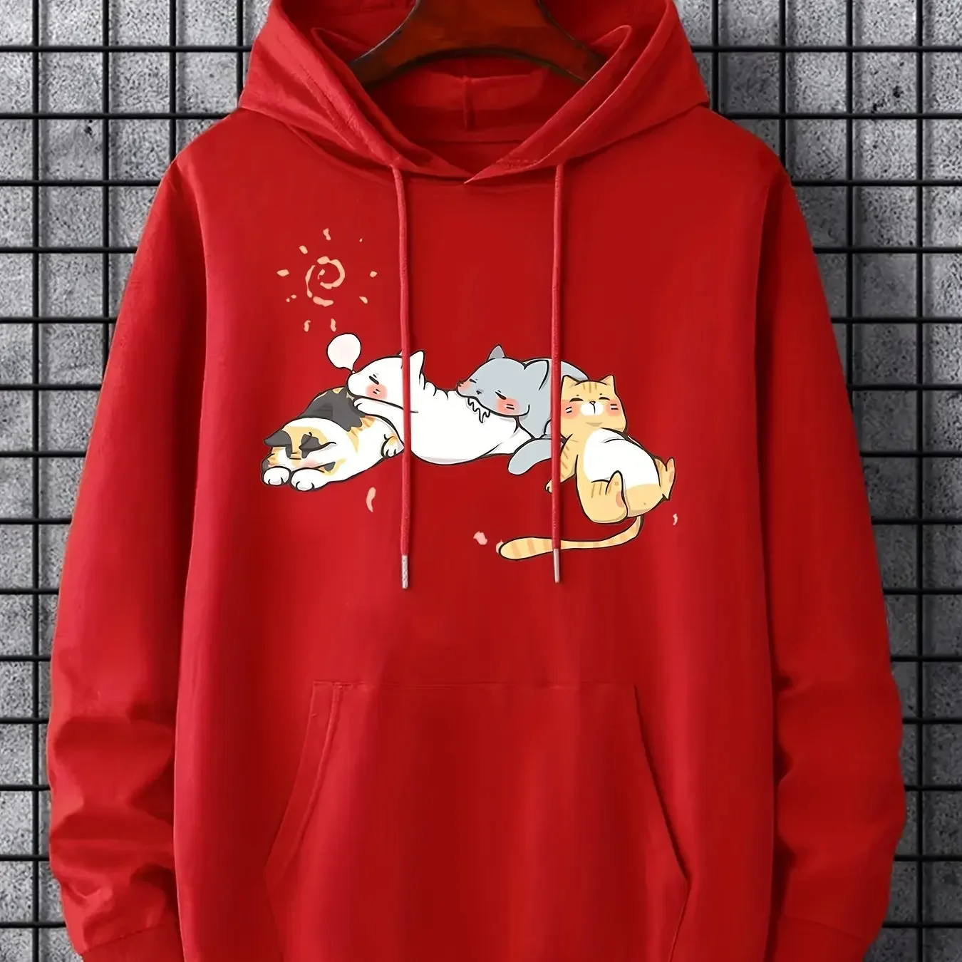 Men Cute Napping Kittens Group Graphic Hoodie Cartoon Cat Print Pullover Casual Streetwear Loose Long‑sleeve Sweatshirt