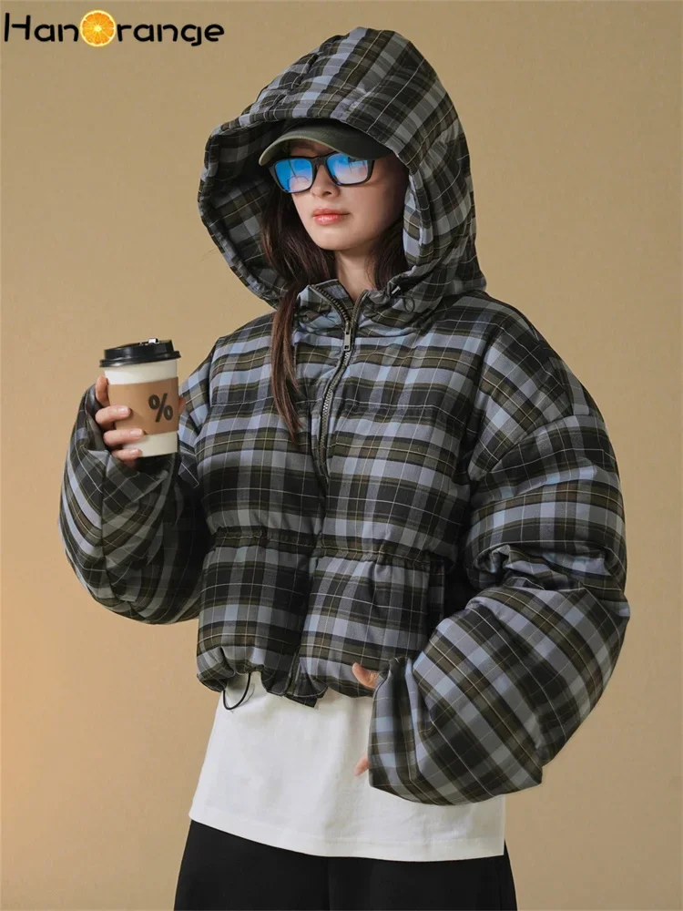 HanOrange 2024 Winter Retro Street Pattern Short Hooded Jacket 90% Duck Down Warm Fluffy Parkas Blue Coffee Plaid/Coffee Plaid