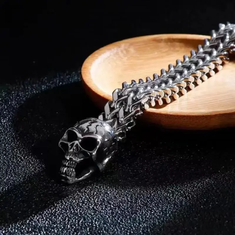 الفولاذ المقاوم للصدأ القوطية مزدوجة الجمجمة سلسلة سوار للرجال ، خاتم المشبك ، الشرير الصخرة مجوهرات الحفلات ، السائق