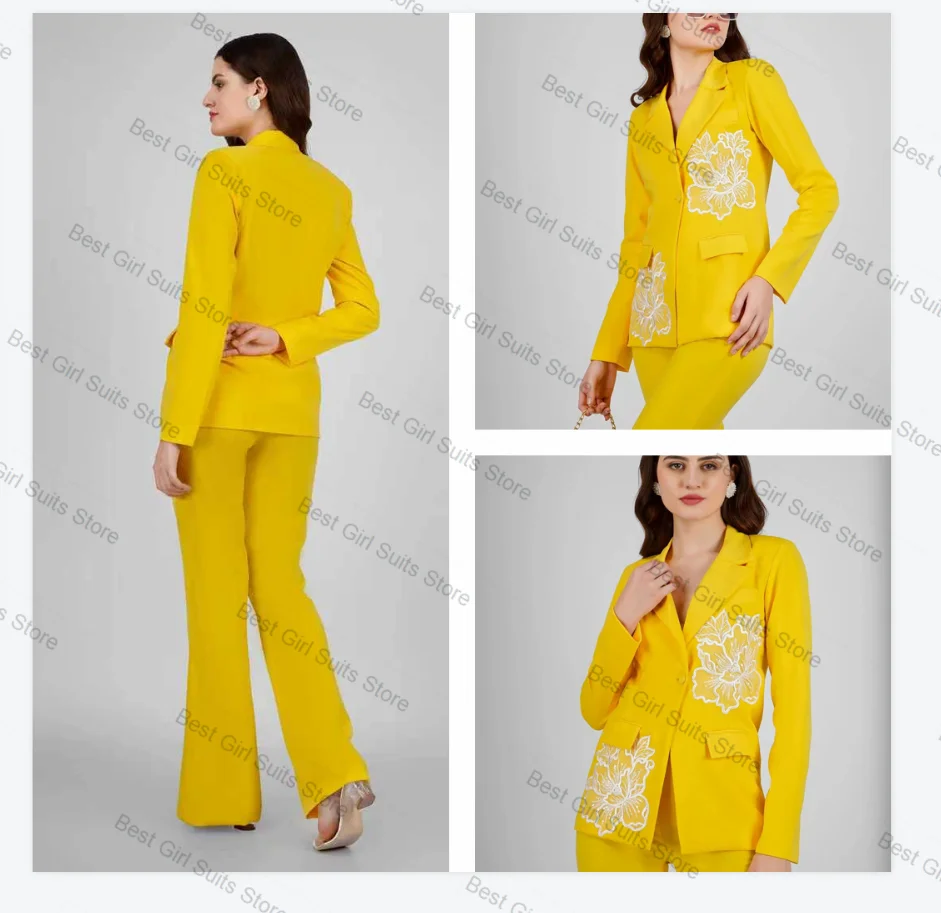 

Bright YellowWomen Suit Set 2 Pcs Blazer+Straight Pants Appliqued Formal Office Lady Jacket Customized Wedding Tuxedos Prom Coat