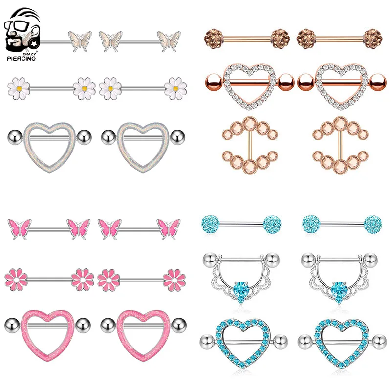 3/5Pairs Blue Pink Color Butterfly Flower Heart Nipple Rings Sets 14G Stainless Steel Nipple Shield Cover Bulk for Women Girls