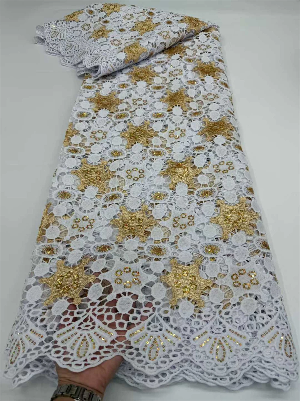 

White Gold African Nigerian Guipure Cord Lace Fabric High Quality Water Soluble Lace Luxury For Wedding Party Dress,5Yard Sewing