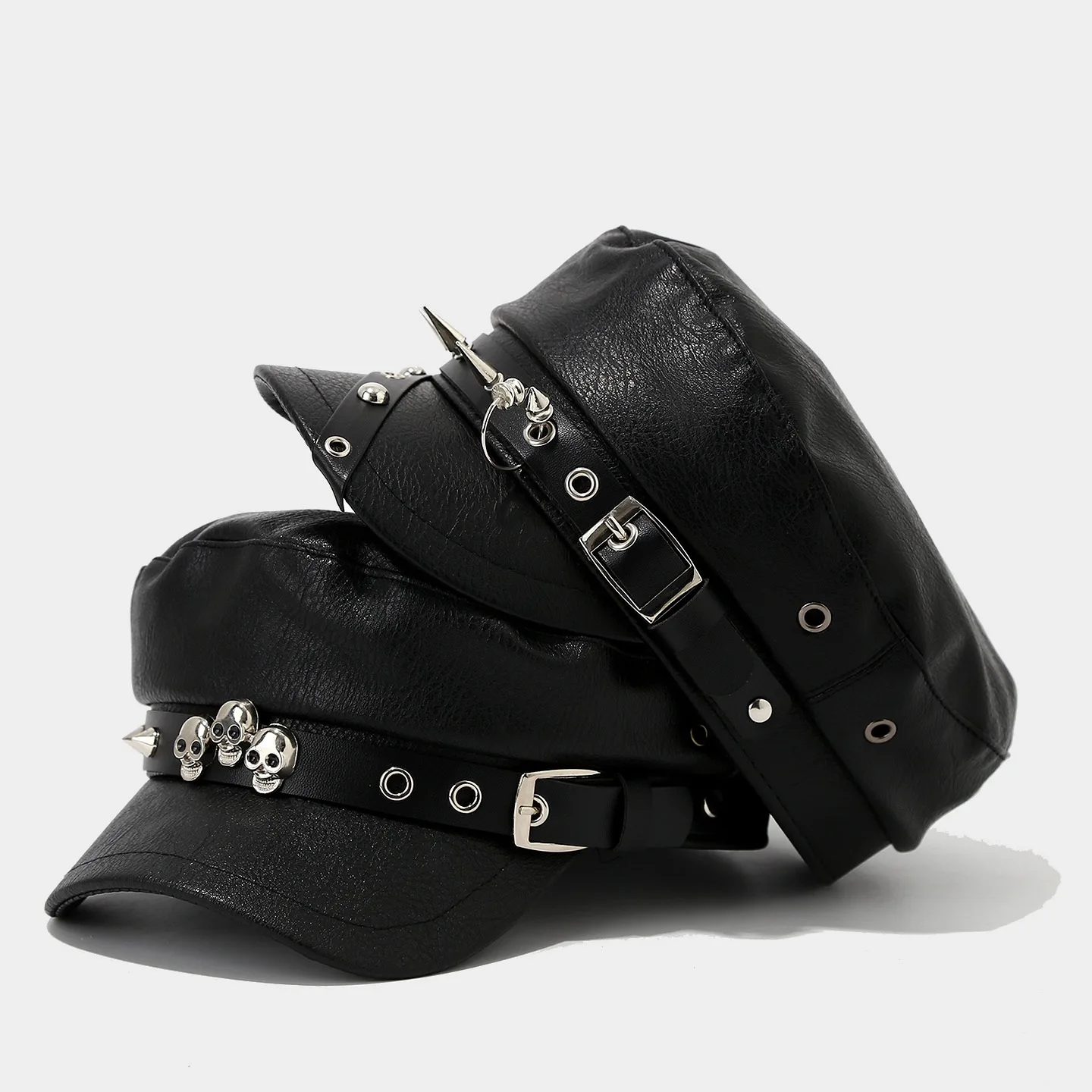 Punk Black Harajuku HOT Girls Gothic Subculture Handmade Rivet Faux Leather PU Hat Women Captain Sailor Visor Hat Newsboy Cap