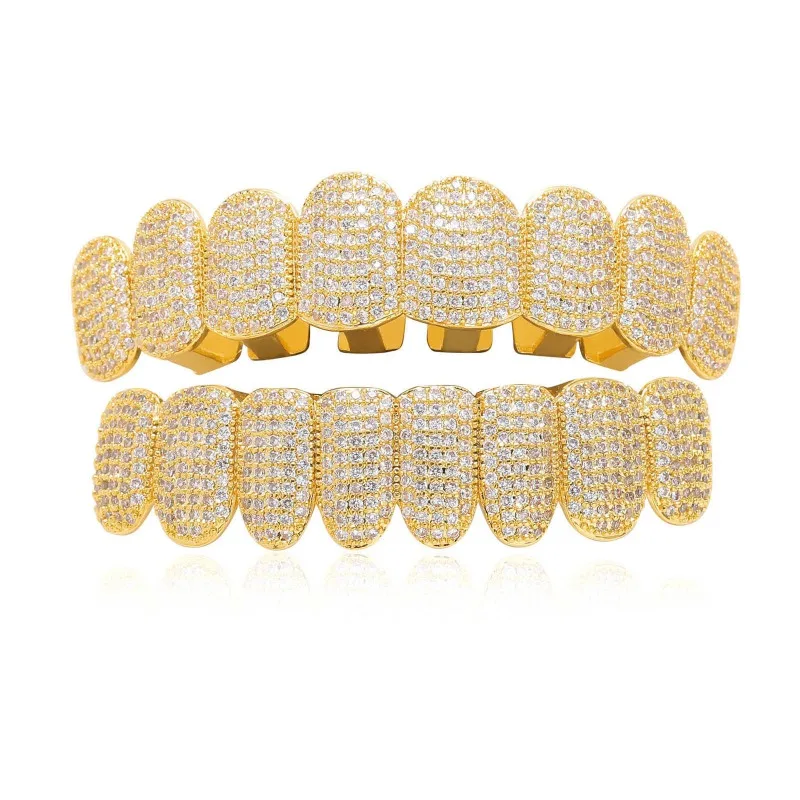 Hip Hop Iced Out Zircon Tooth Grills for Women Men Body Piercing Jewelry Cubic Zirconia Gold Teeth Grillz 8/8 Top Bottom Cap Set