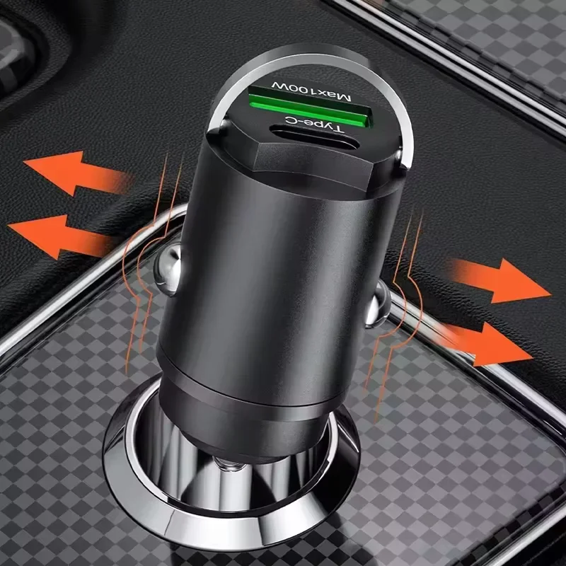 100W Mini Car Charger Fast Charging for IPhone QC3.0 Mini PD USB Type C Car Mobile Phone Charger for Xiaomi Samsung Huawei