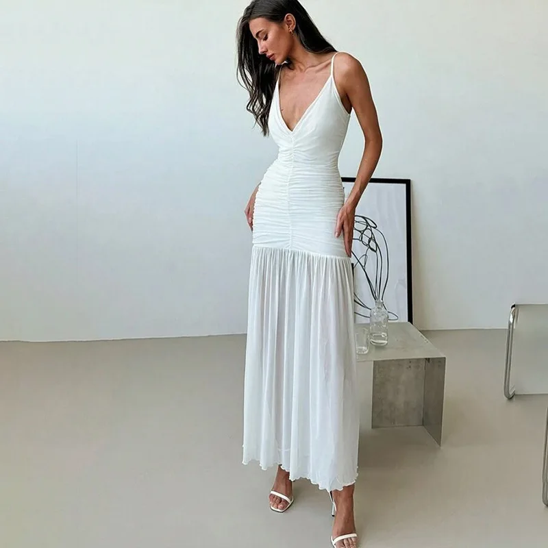 Sheer Mesh Patchwork Ruched Bodycon Maxi Party Dress Women Sexy Deep V-neck Spaghetti Straps Backless Vacation Beach Long Robe