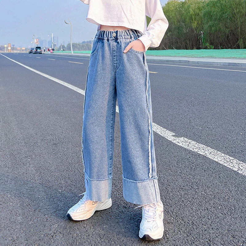 New Fashion Teen Girls Denim Wide Leg Pants Children Trousers Spring Casual Girls Jeans 4 5 6 7 8 9 10 11 12 Years Kids Clothes
