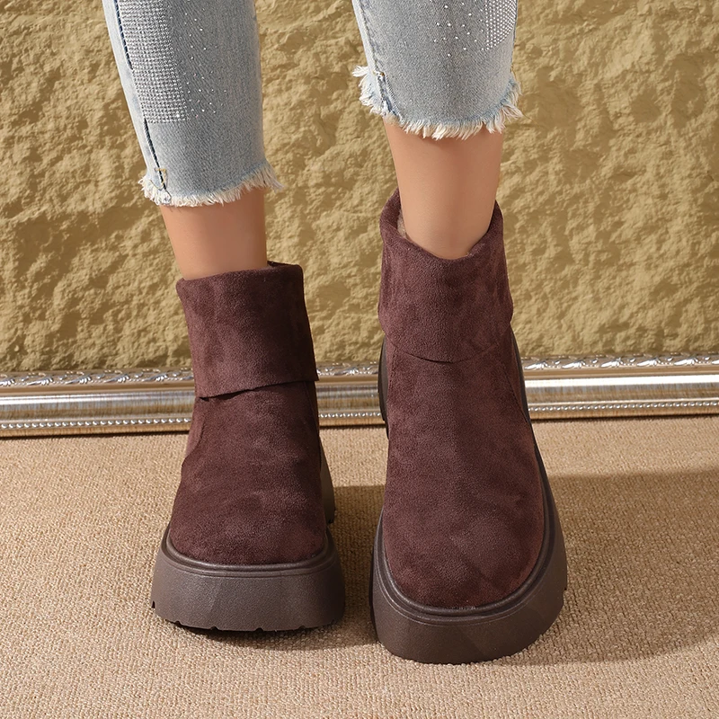 2025 Botas de nieve con plataforma de nuevo estilo para mujer: zapatos de suela gruesa con diseño de puños, forro polar y cálido
