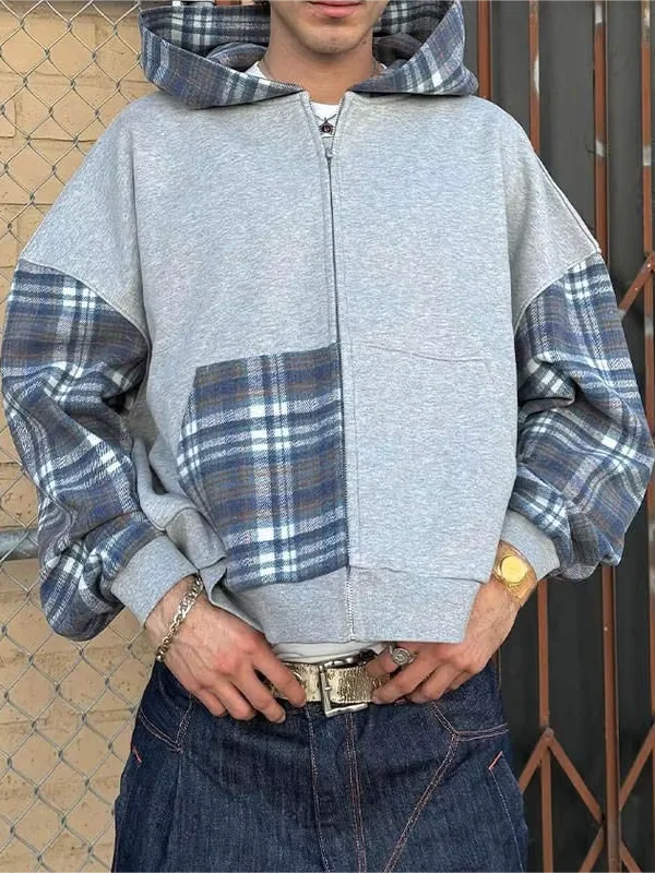 

Men's Casual Loose Hooded Cardigan Sweater Checked Pattern Long Sleeve Warm Polyester Fabric Zipper Closure Comfortable Fit