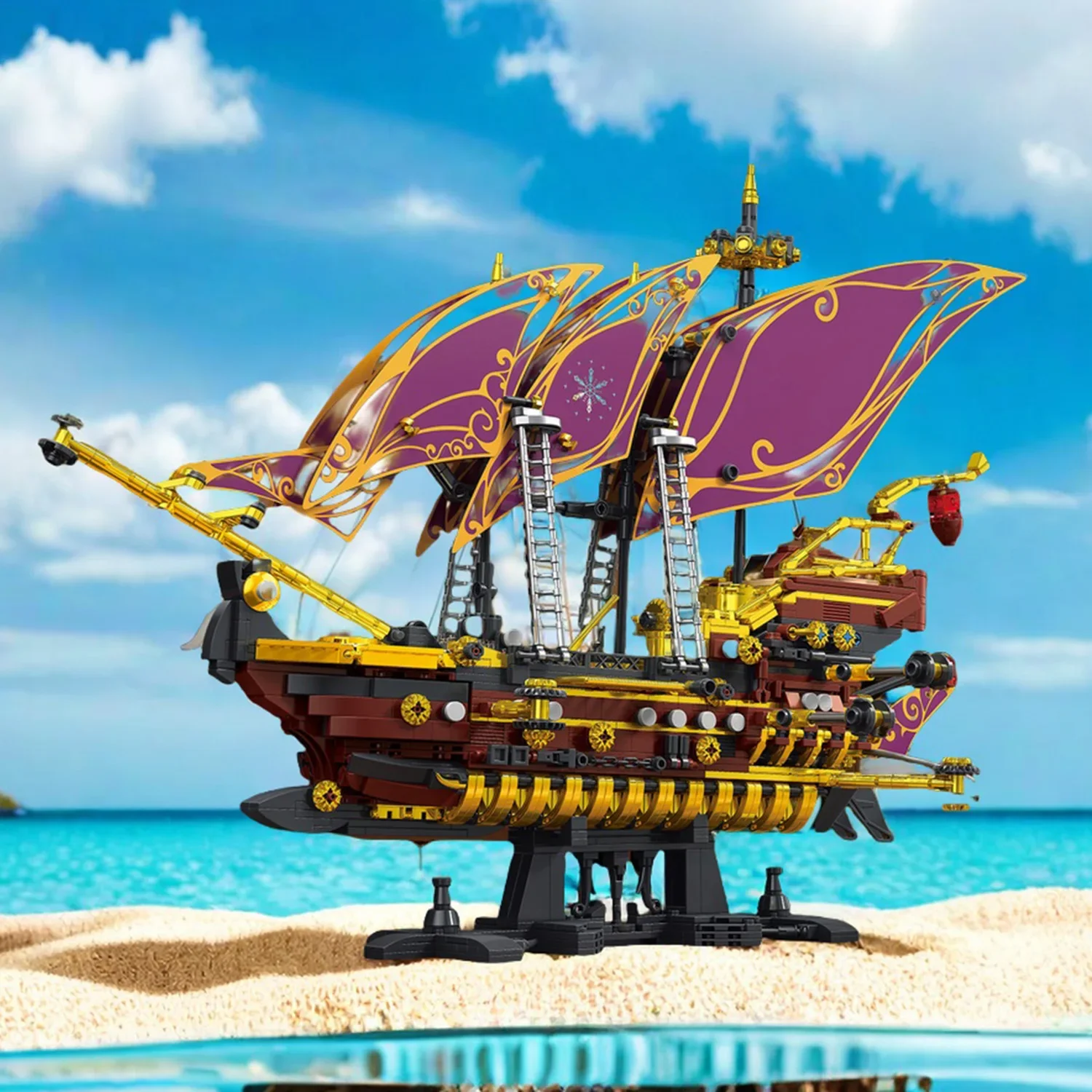 2077 Uds. Barco pirata púrpura, juguetes de bloques de construcción, modelo de barco pirata, montar rompecabezas, ladrillos, juegos de juguetes para chico, regalos de adorno de escritorio