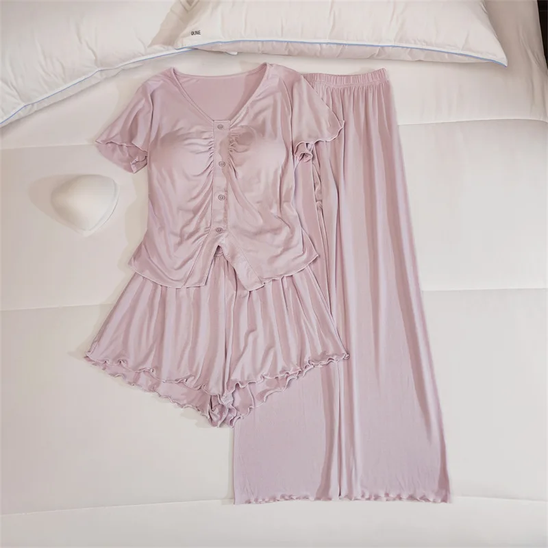 Women's Pajamas Casual Short Sleeve Chest Pad Top Shorts Trousers Sets Modal Comfortable Sleepwear Three Pieces Suit Home Wear 4