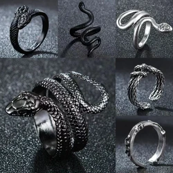 Retro Snake Rings Black Metal Open Adjustable Design Animal Exaggerated Finger Ring for Women Men Party Jewelry Mujer Bijoux