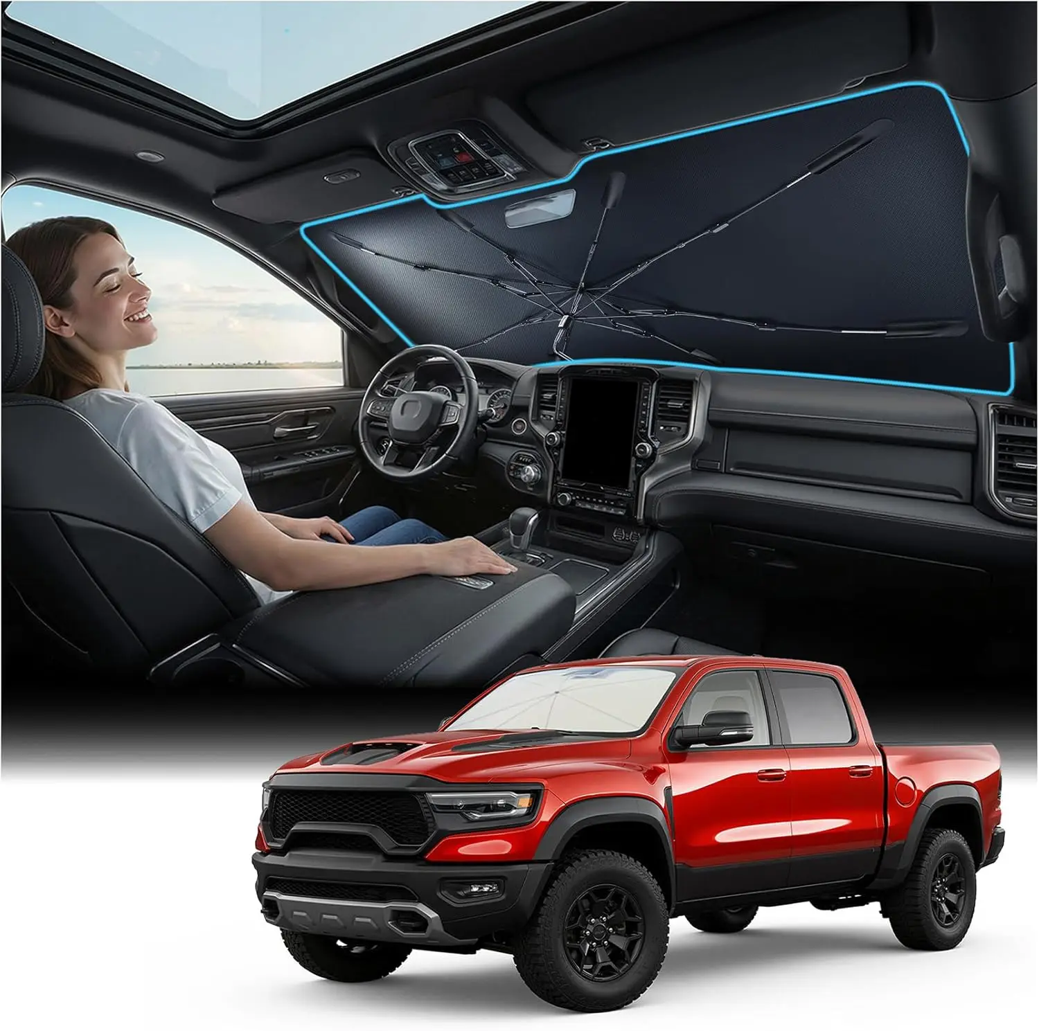 

Windshield Sun Shade Umbrella for Ram Trucks - Vinyl Coating Heat Shield Protects Car from Sun and Heat