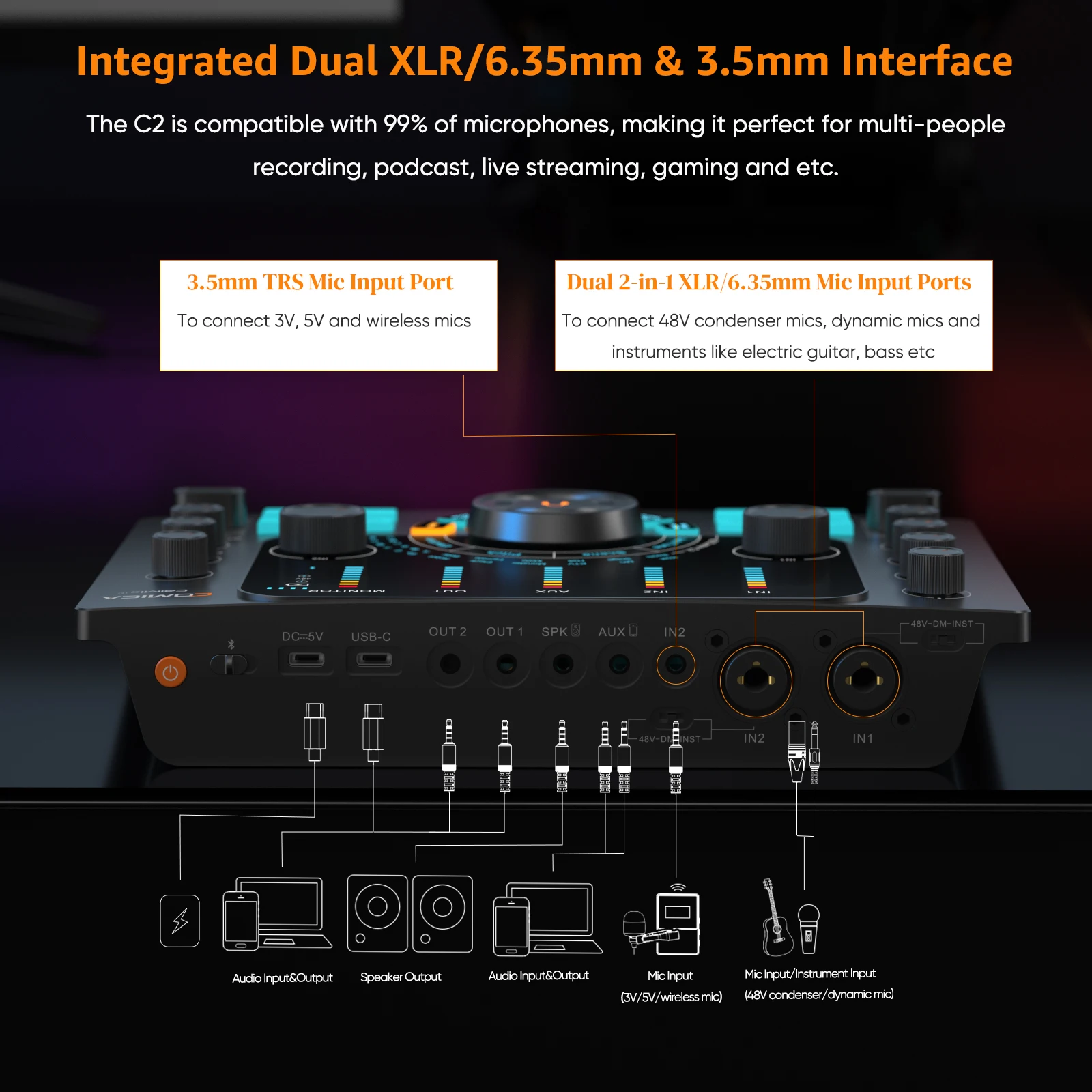 COMICA ADCaster C2 Audio Interface Sound Card for Streaming/Podcasting/Recording,All in One DJ Mixer for Smartphone,PC,Guitar ﻿