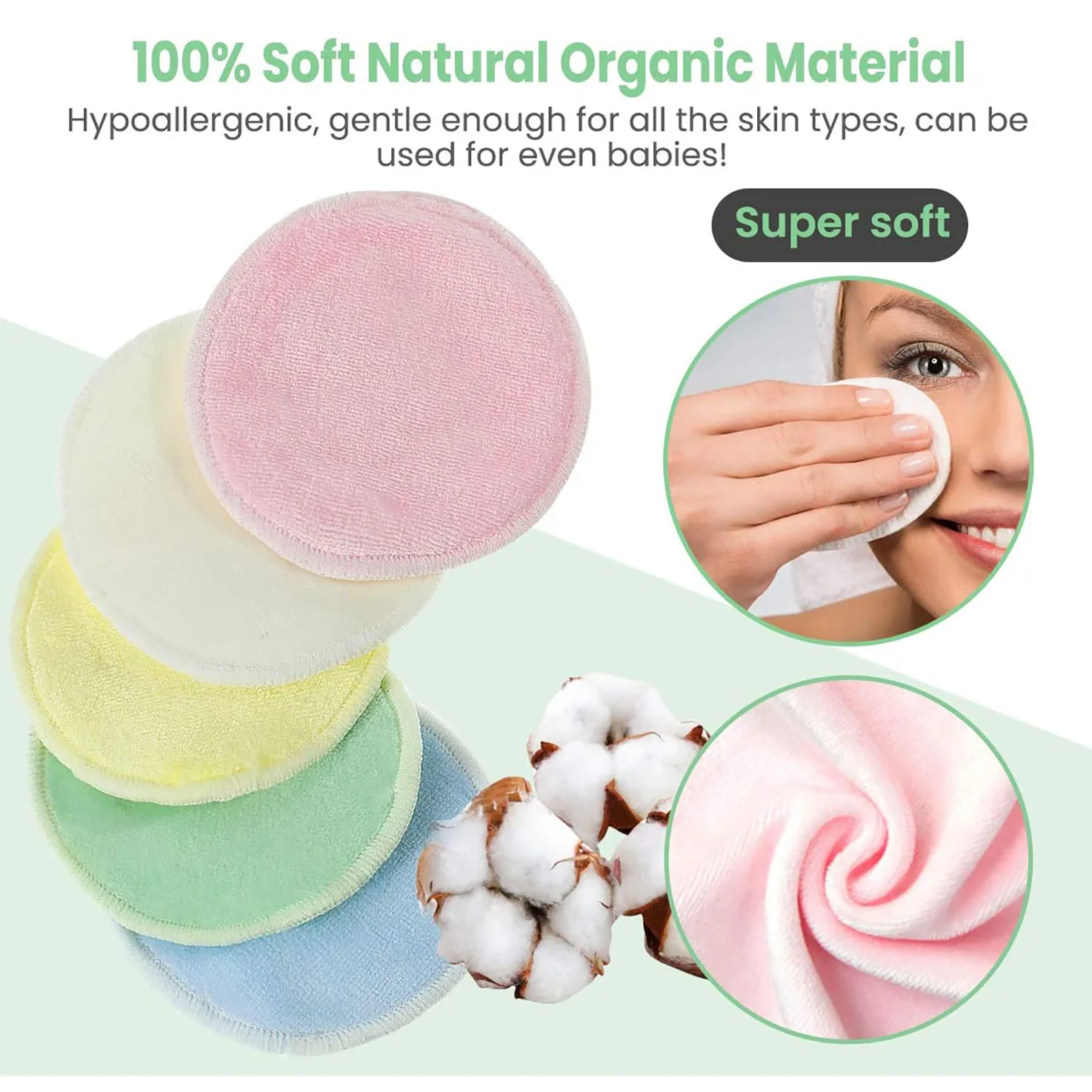 Reusable Bamboo Fiber Makeup Remover Pads 12pcs/Pack Washable Rounds Cleansing Facial Cotton Make Up Removal Pads Tool