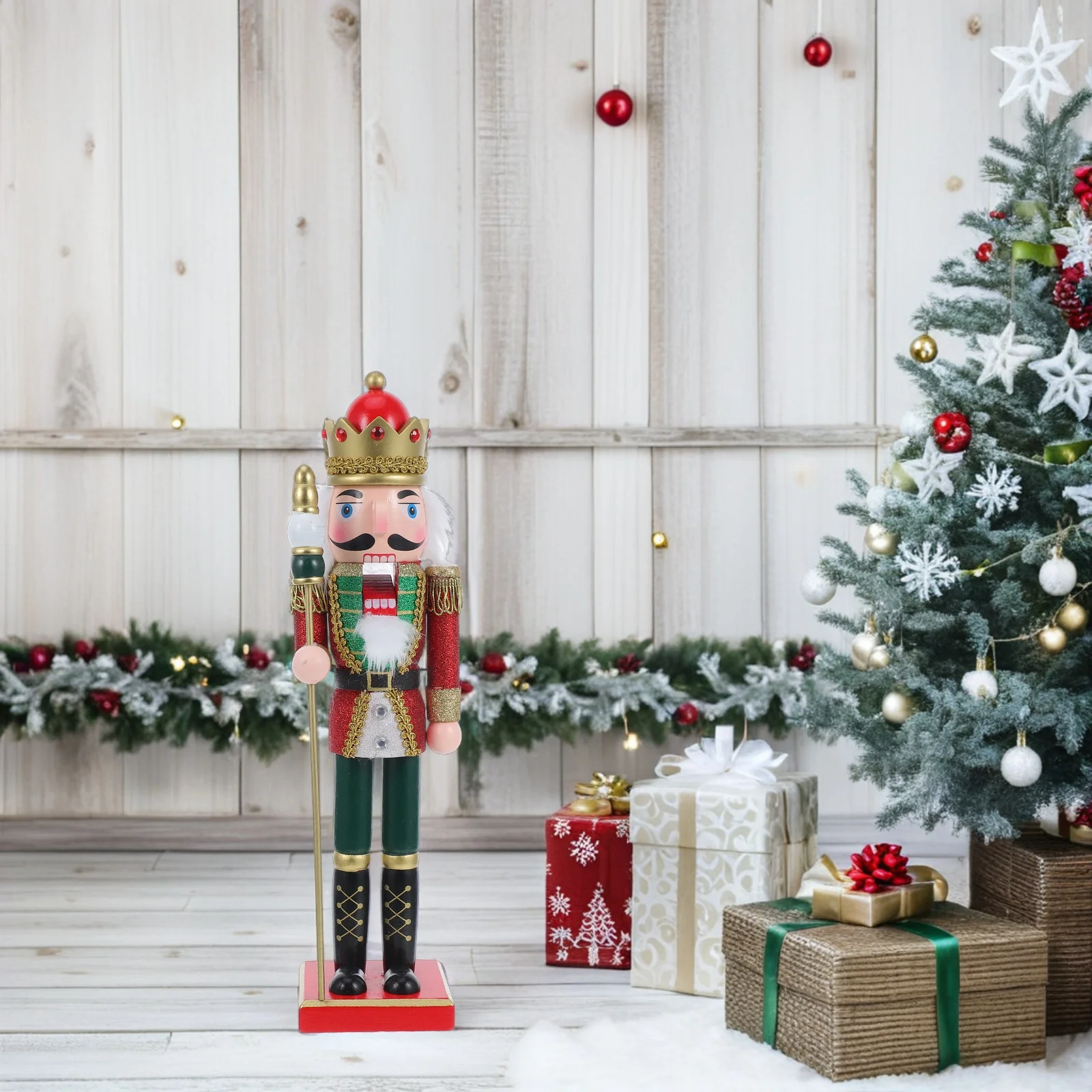 

Wooden King Nutcracker Classic Soldier Statue Scepter Holiday Christmas Tabletop Decoration Festive Nutcracker Decor