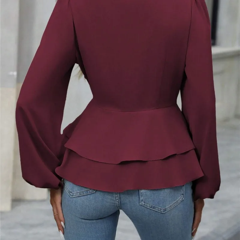 Women's Blouses Spring Fall Fashion New V-neck Light Mature Slim Waist-cinching French Lace Button-waist Casual Shirts Clothing