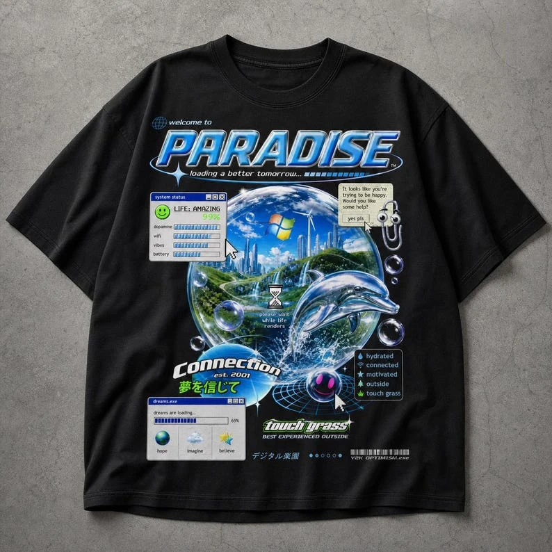 Y2K Frutiger Aero Shirt, Oversized 2000s Webcore Cybergraphic Streetwear, Glitchcore Dreamcore Retro Graphic Tee