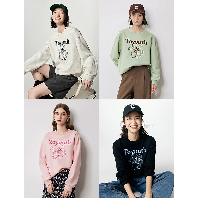 Toyouth Women Sweatshirt 2024 Autumn Long Sleeve O Neck Loose Hoodie Letter Flower Embroidery Casual Comfort Five Colors Tops