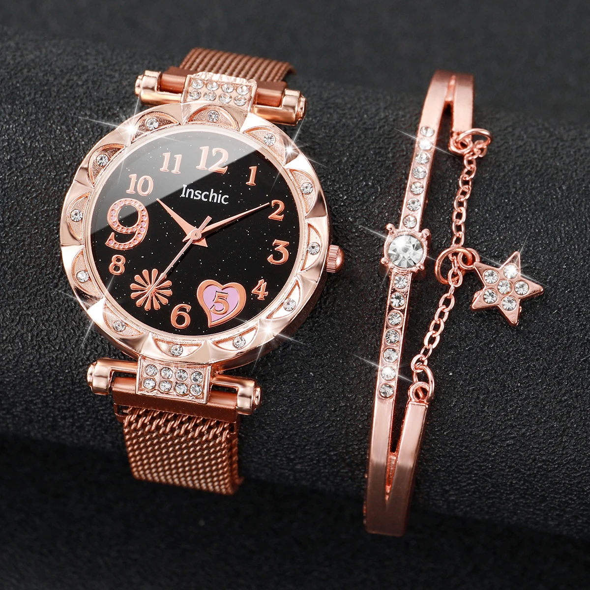 2PCS/Set Women\'s Watch Fashion Magnet Buckle Mesh Band Analog Quartz Watch Star Bracelet Set