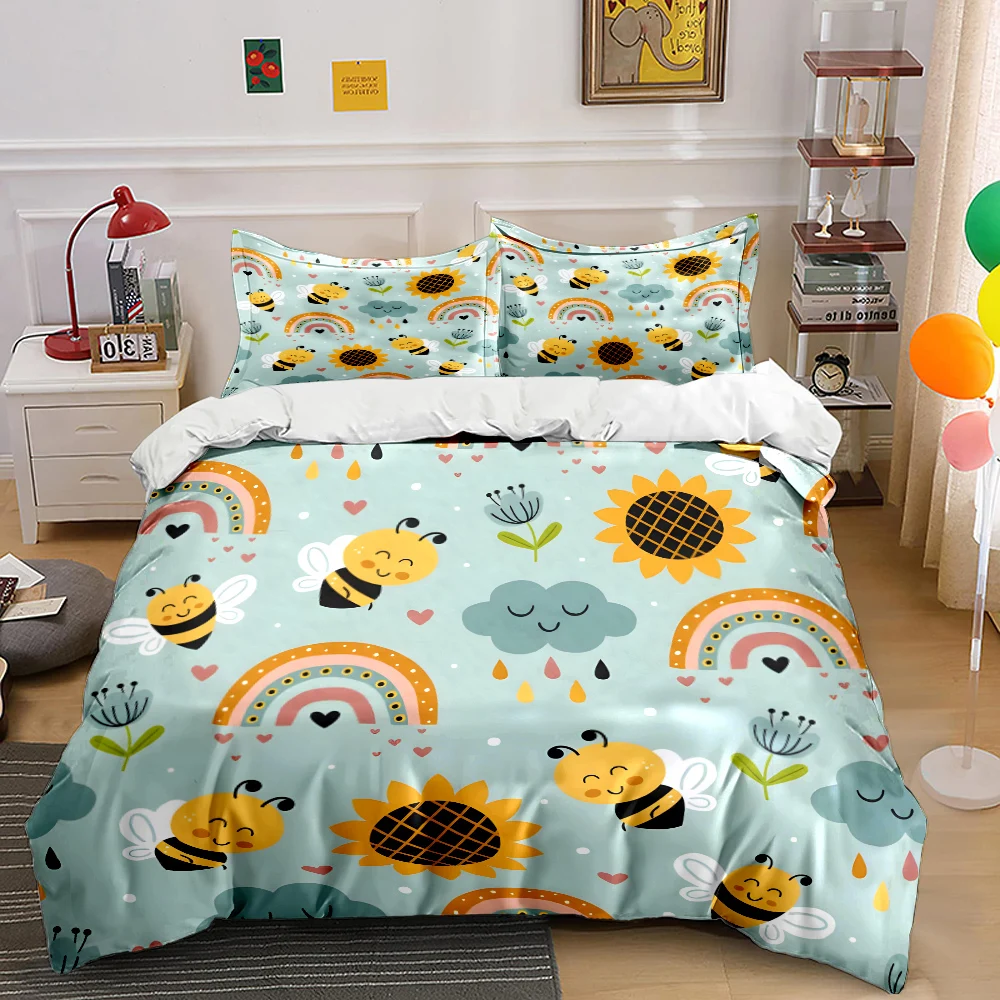 Cartoon bees rainbow flower background Bedding Set 1 Duvet Cover 2 Pillowcases for Adult and Children Luxury Gift Full Size