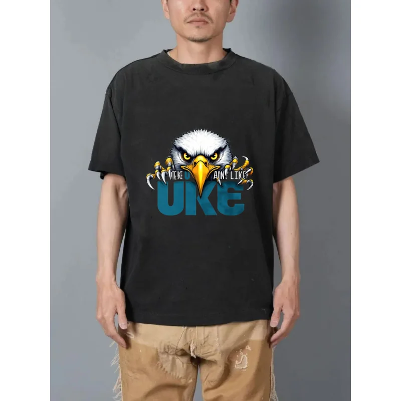

Men's Washed T-Shirt Black Eagle Head with I'm a Uke Text Printed High Quality 100% Cotton 230g