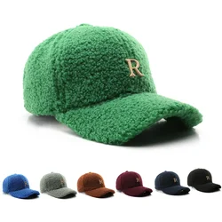 Winter Green Lambswool Baseball Caps For Men Brand Warm Women Hat Travel Windproof Face Cap Gold Letter Fashion Hats Gorras