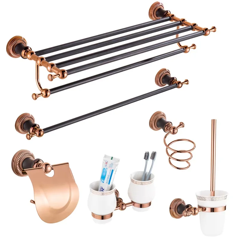 Rose Gold and Black Stainless Steel Towel Rack Set Full Home Bathroom Accessories for Hotel or Toilet Use