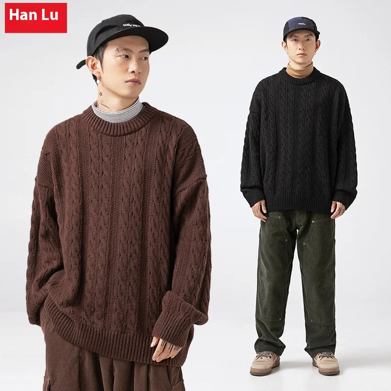 

2025 Japanese-style solid-color round-neck pullover sweater for both men and women, loose-fitting and retro-style knit jacket