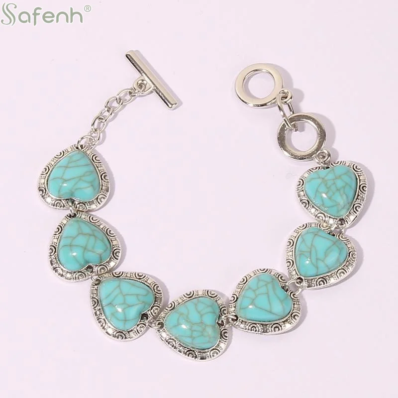 

Vintage Heart Bracelet Unique Ethnic Style Turquoise Hand Jewelry Retro Love Charm Bracelet For Women