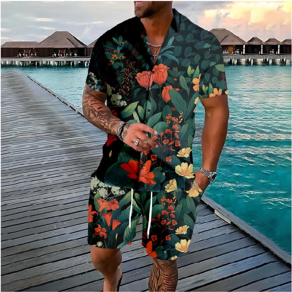 Hawaii bunga multiwarna tombol kemeja celana pendek musim panas motif bunga warna pantai set Hipster Streetwear pakaian olahraga pria