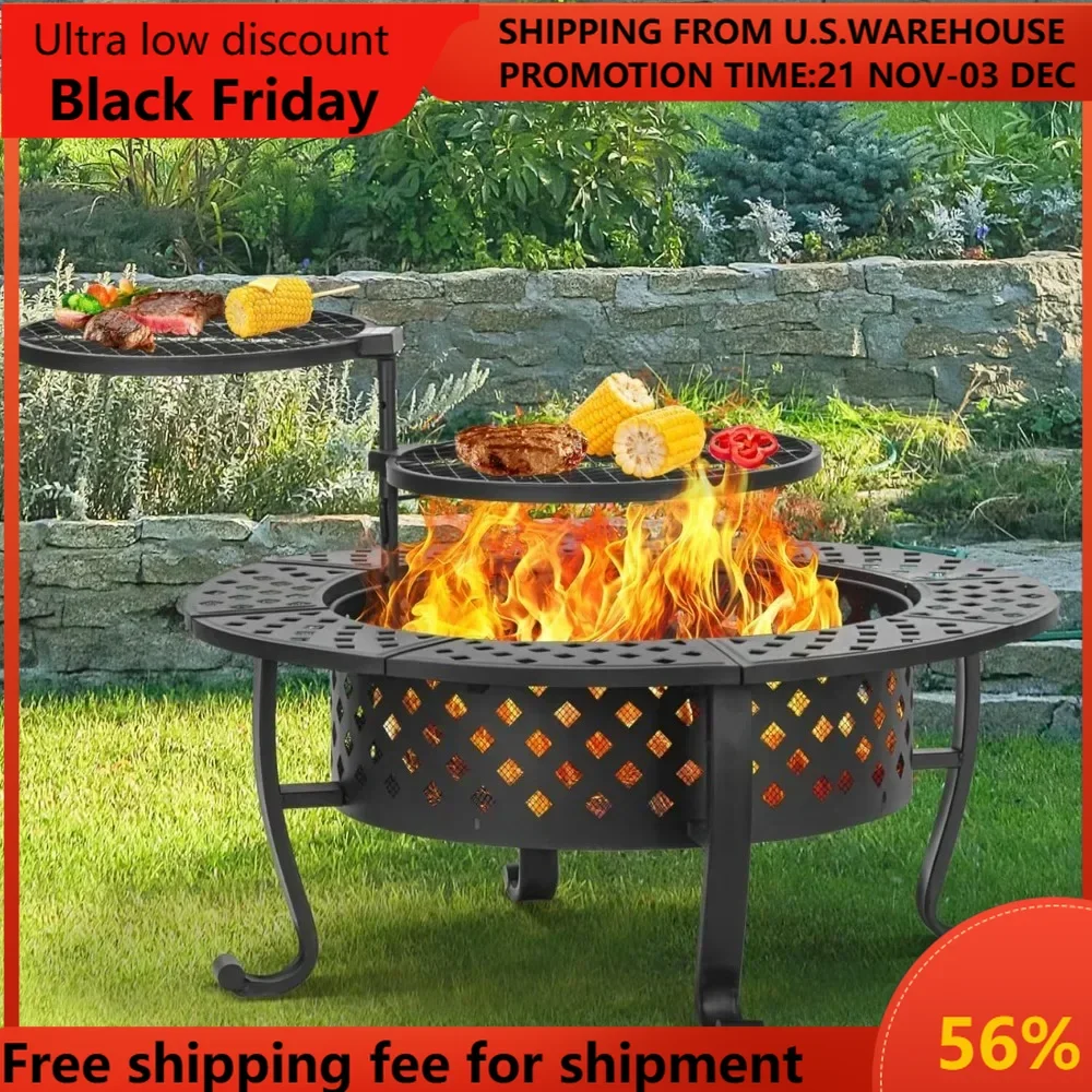 

42 Inch Fire Pit with 2 BBQ Grills, Wood Burning Fire Pits for Outside with Lid & Fire Poker, BBQ& Outdoor Firepit & Round Metal