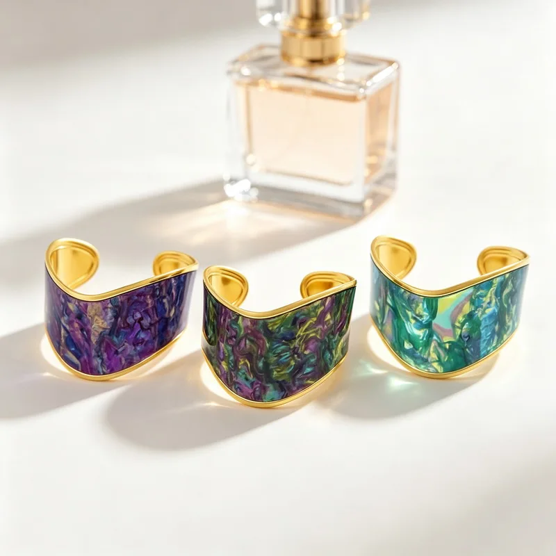 KALEN Stainless Steel Art Oil Painting Enamel Cuff Bangle for Women Gold Plated Swirl Marble Pattern Open Wide Fashion Jewelry