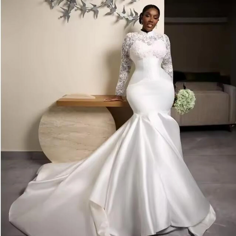 Elegant High Neck Mermaid Wedding Dress For African Bride Lace Appliques Satin Bridal Gowns Customized Women Banquet Tuxedo 2026