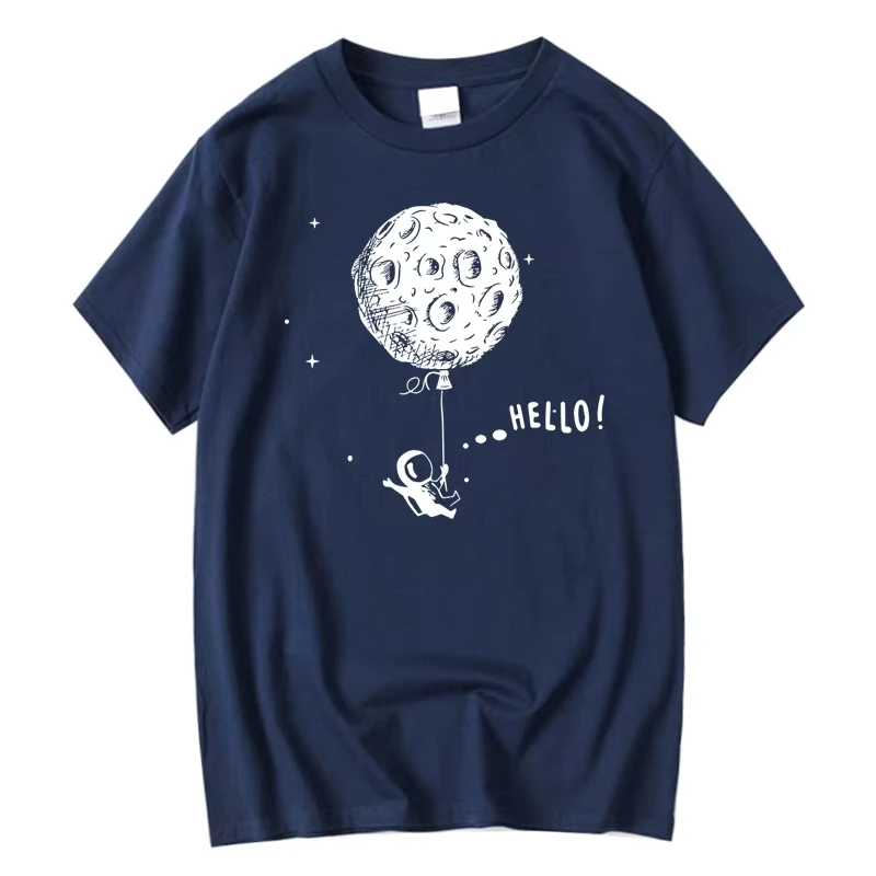 Cute Astronaut Moon Balloon Graphic T‑Shirt Men Women Universe Space Hello Print Casual Short Sleeve Crew Neck Tee