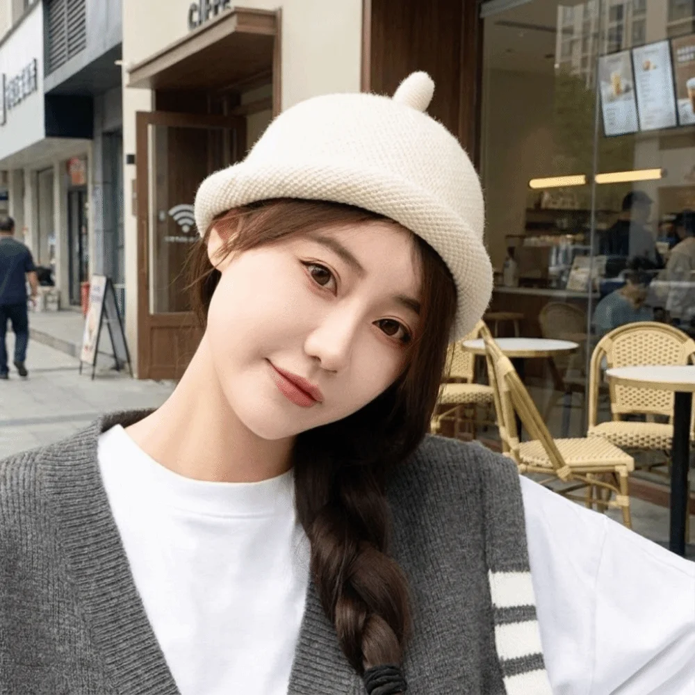Personalized Solid Color Melon Skin Hat Rolled Edge Knitted Beret Cap Multifunction Keep Warm Pacifier Cap Women