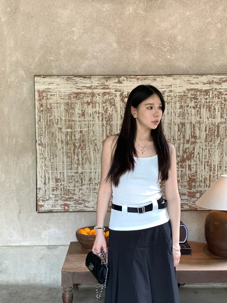 Youthle Korean Sle Blue White Color Women's Tank Top Slim Fit Base Layer Top for Summer Versatile Ele